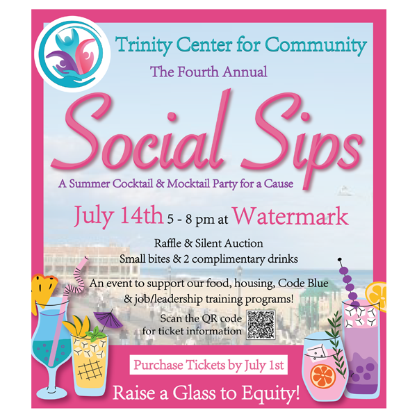 Image for Social Sips event featuring cocktail glasses and ticket information